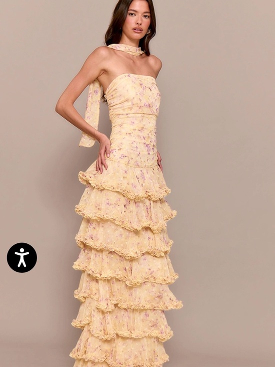PrettyLittleThing Dresses & Skirts - NWT Strapless Yellow Floral Tiered Ruffle Maxi Dress with Neck Scarf